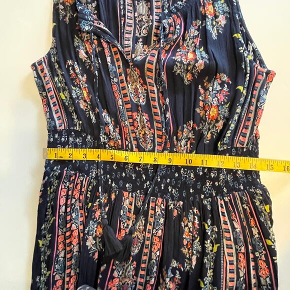 BILA Boho Midi Dress Womens Large Navy Floral Smocked Tasseled Peasant Folk - Picture 11 of 11